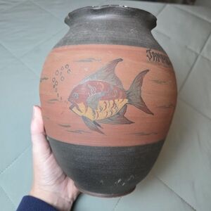 Artisan Fish Motif Ceramic Vase - Black and Brown